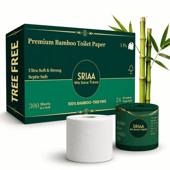 100% Bamboo Tree-Free Toilet Paper 24 Premium Mega Rolls 3-Ply 300 Sheets | Plastic-Free, Septic Safe