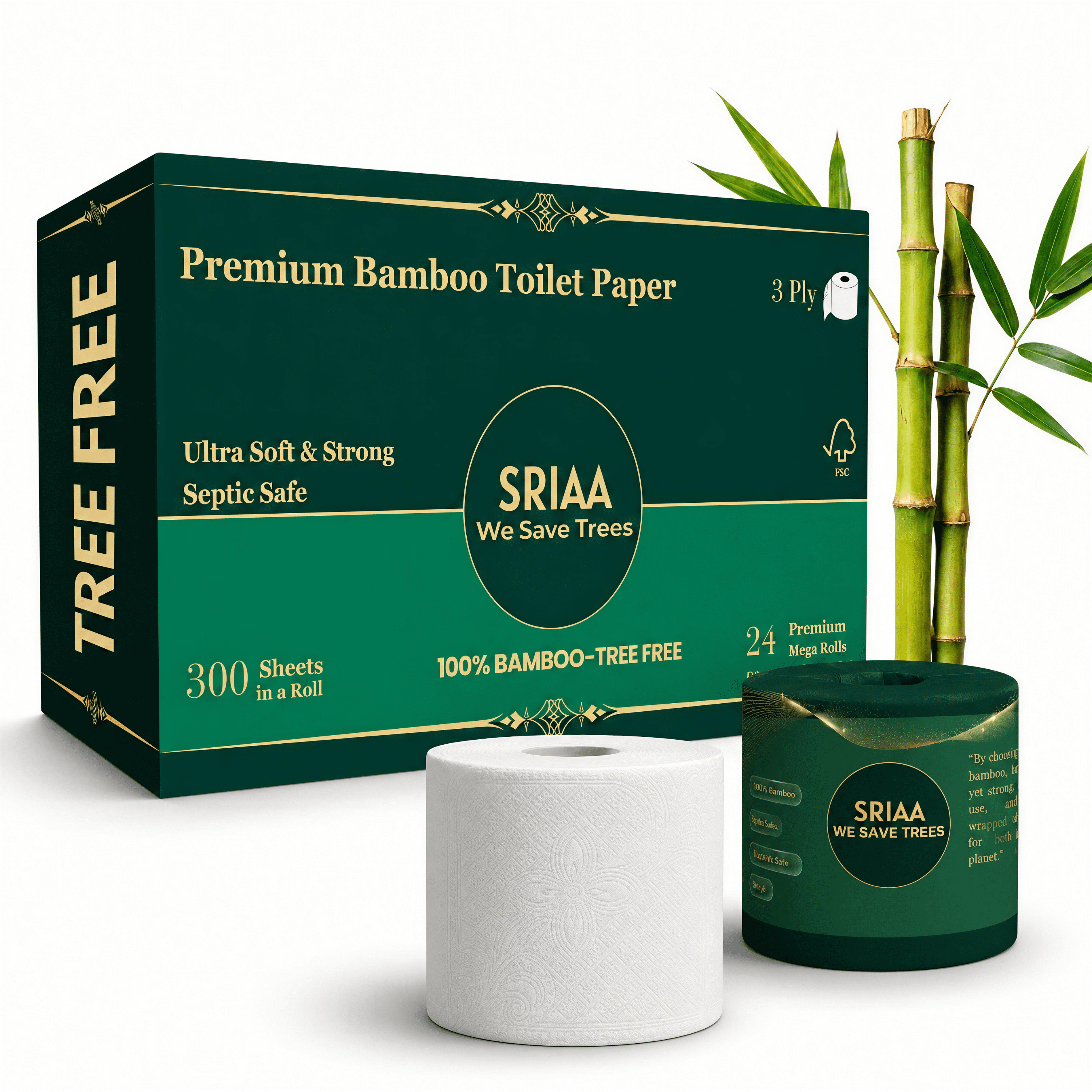 SRIAA 100% Bamboo Tree-Free Toilet Paper – 24 Premium Family Mega  Rolls, 3-Ply, 300 Sheets Per Roll – Ultra Soft & Strong, Plastic-Free Packaging, Septic Safe, FSC Certified – We Save Trees
