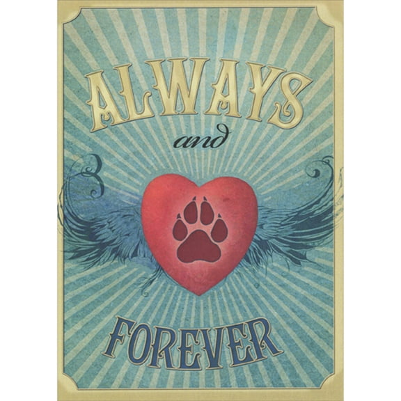 Tree-Free Greetings Always and Forever: Paw Print on Red Heart with Wings Pet Sympathy Card