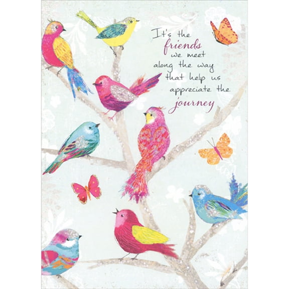 Tree-Free Greetings Appreciate the Journey: Butterflies and Colorful Birds on Branches Birthday Card for Friend