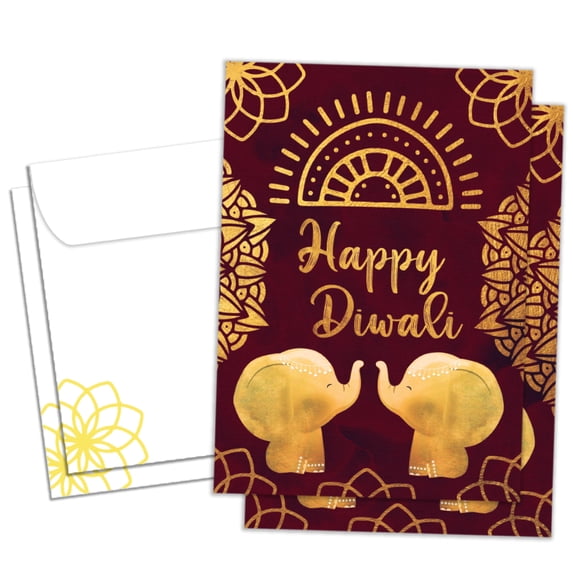 Tree-Free Greetings Diwali Greeting Card 2 Pack, 100% Recycled Paper, 5x7, Gold Elephants Diwali (GT61507)