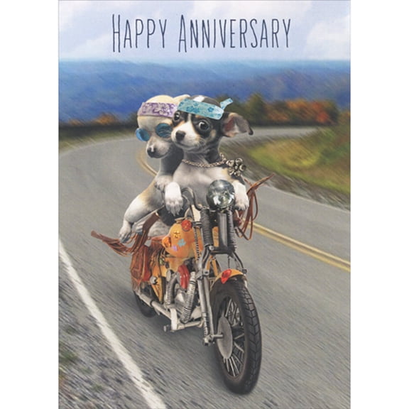 Tree-Free Greetings Hippie Chihuahua Couple Riding Motorcycle on Highway Anniversary Card