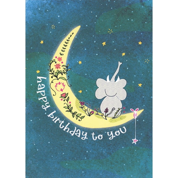 Tree-Free Greetings Stargazing Elephant Sitting on Crescent Moon Birthday Card