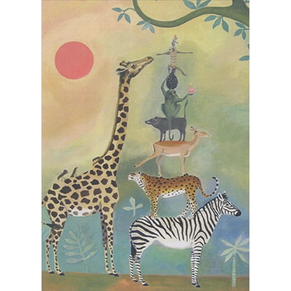Tree-Free Greetings Tower of Balancing Jungle Animals Birthday Card