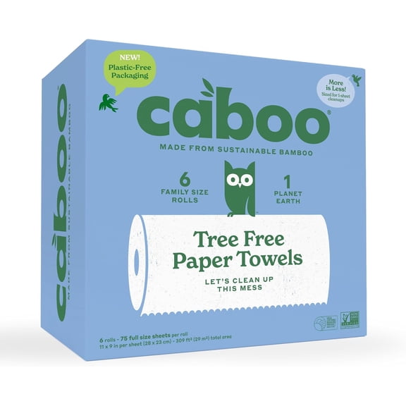 Tree Free Paper Towels, 6 Rolls, Plastic Free & Eco Friendly, Earth Friendly, Sustainable Kitchen Paper Towels with Strong 2 Ply Sheets