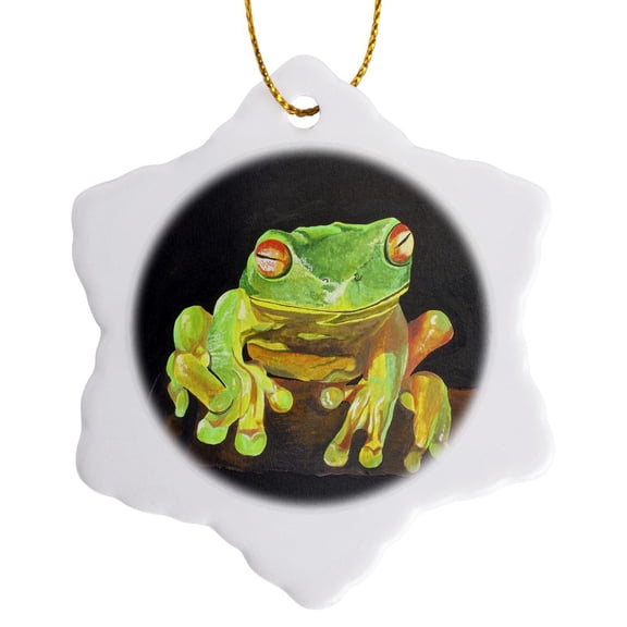 3drose, Tree Frog - Amphibian, Tree Frog, Green Frog, Green Tree Frog, Tree, Animal, Nature, 3 inch Snowflake Porcelain Ornament