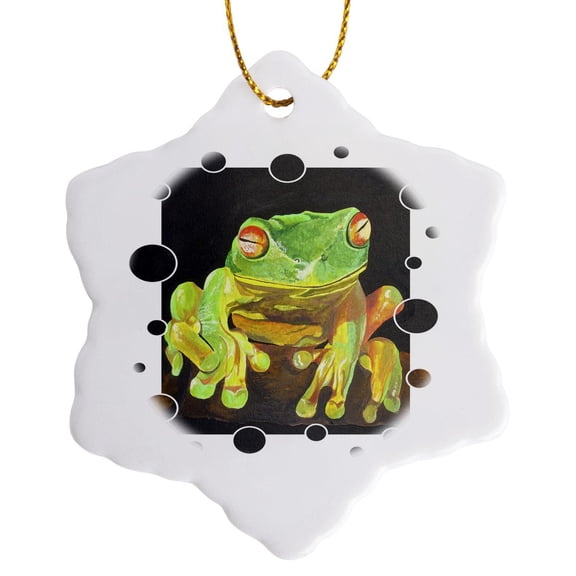 3drose, Tree Frog - Amphibian, Tree Frog, Green Frog, Green Tree Frog, Tree, Animal, Nature, 3 inch Snowflake Porcelain Ornament