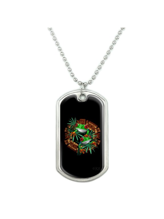 Tree Frog Aztec Temple Military Dog Tag Pendant Necklace with Chain