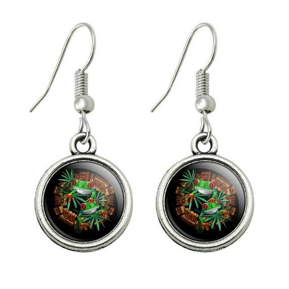 Tree Frog Aztec Temple Novelty Dangling Drop Charm Earrings