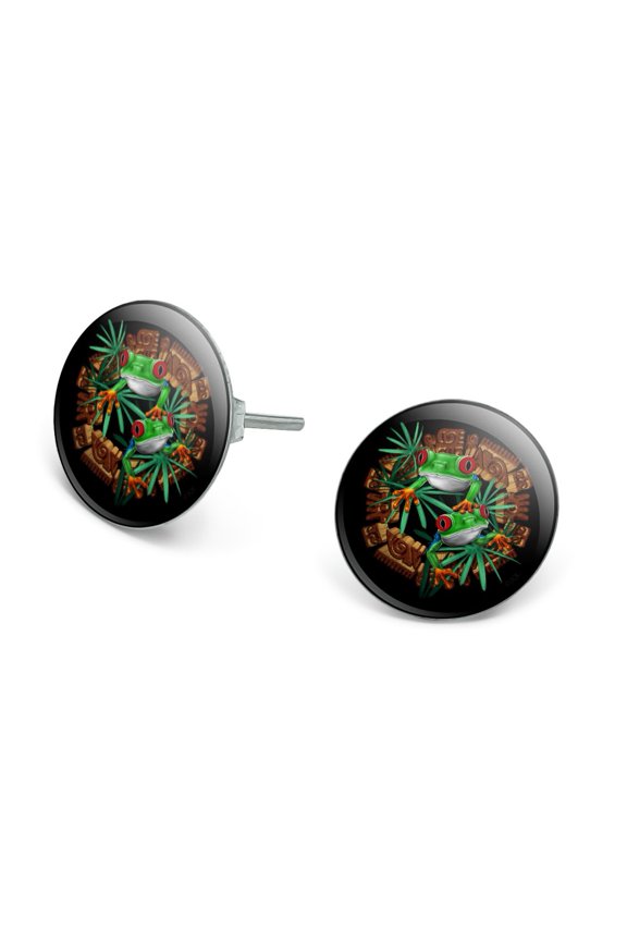 Tree Frog Aztec Temple Novelty Silver Plated Stud Earrings