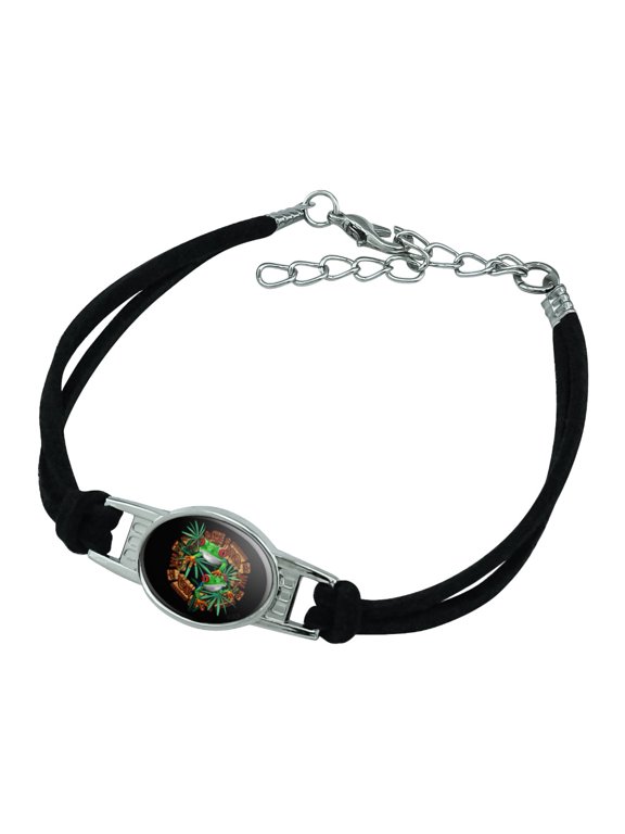 Tree Frog Aztec Temple Novelty Suede Leather Metal Bracelet