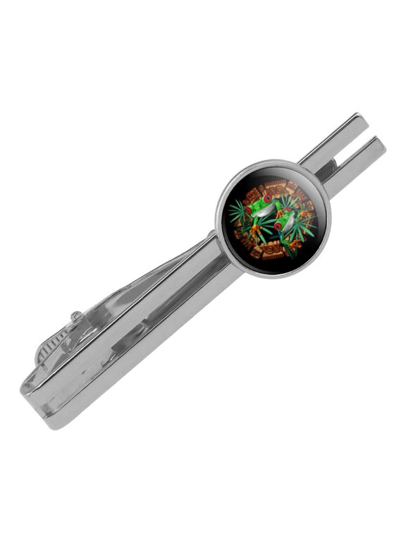 Tree Frog Aztec Temple Round Tie Bar Clip Clasp Tack Silver Color Plated