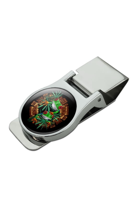 Tree Frog Aztec Temple Satin Chrome Plated Metal Money Clip