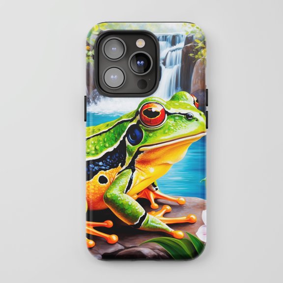 Tree Frog For All iPhone Series Tough Phone Case Nature Waterfall Wildlife Art Vibrant Green Yellow Blue