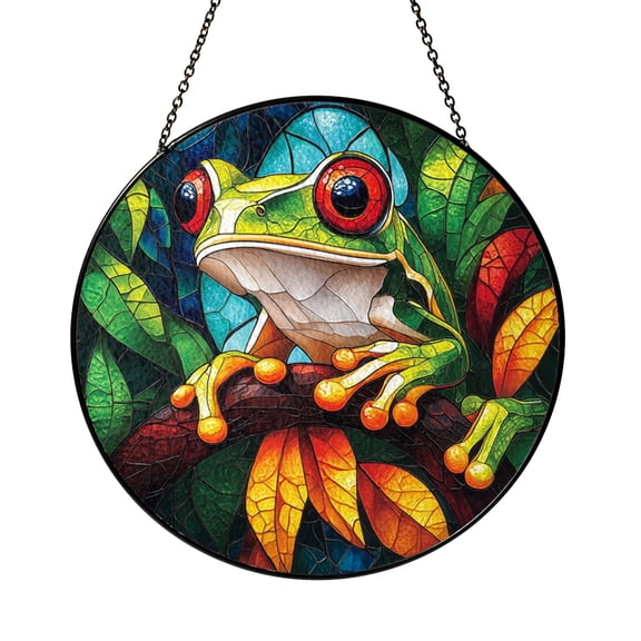 Tree Frog Glass Suncatcher Window Hanging, Stained Glass Style Rainforest Wildlife Art Decor