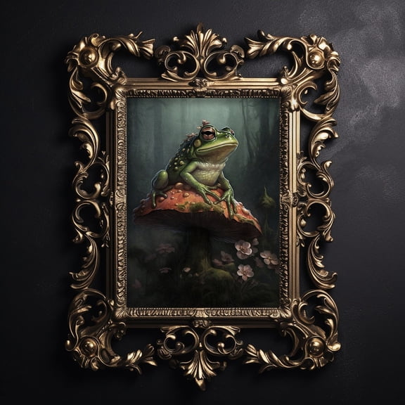 Tree Frog In Magic Forest Wall Art Print, Botanical Dark Academia Woodland, Animal Forestcore Cottagecore, Floral Living Room And Home Decor