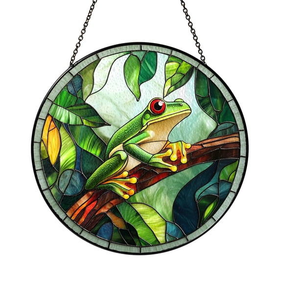 Tree Frog Nature Scene Stained Glass Window Hanging, Botanical Wildlife Decor for Bright Home Spaces