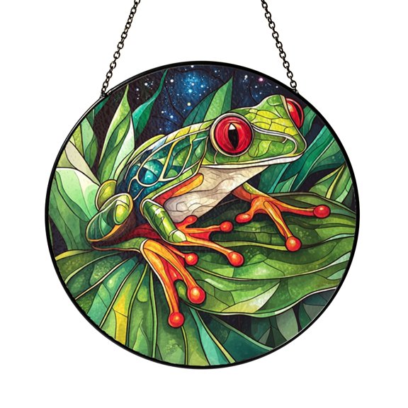 Tree Frog Night Scene Stained Glass Style Suncatcher – Window Decor