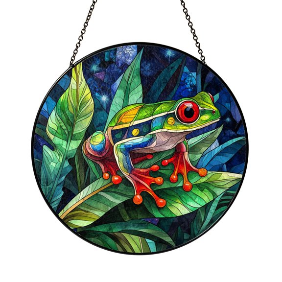 Tree Frog Night Scene Stained Glass Suncatcher Window Hanging, Rainforest Nature Home Decor