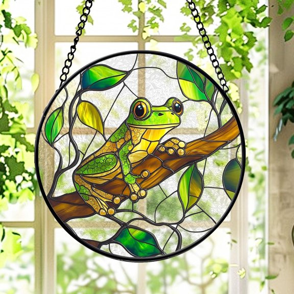 Tree Frog Stained Glass Suncatcher - Green Tree Frog on Branch, Nature Window Hanging, Tropical Garden Decor