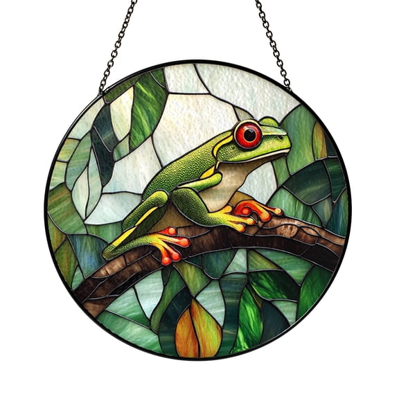 Tree Frog Stained Glass Suncatcher Window Hanging, Green Frog on Branch Nature Decor, Unique Botanical Home Gift for Plant Lovers