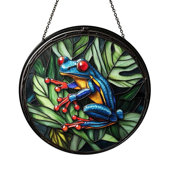 Tree Frog Stained Glass Window Hanging Jungle Nature Scene Featuring Frog on Leaf Decorative Glass Suncatcher for Home Interior Window Display