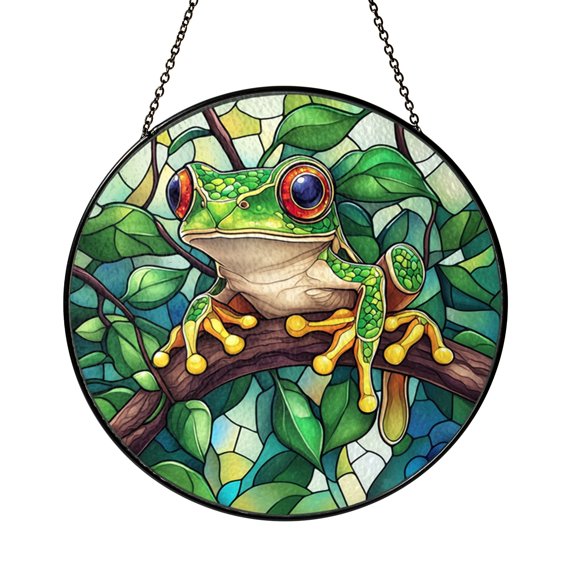 Tree Frog on Branch Stained Glass Style Suncatcher Window Hanging, Tropical Garden Nature Art Decor Accent Ornament Gift