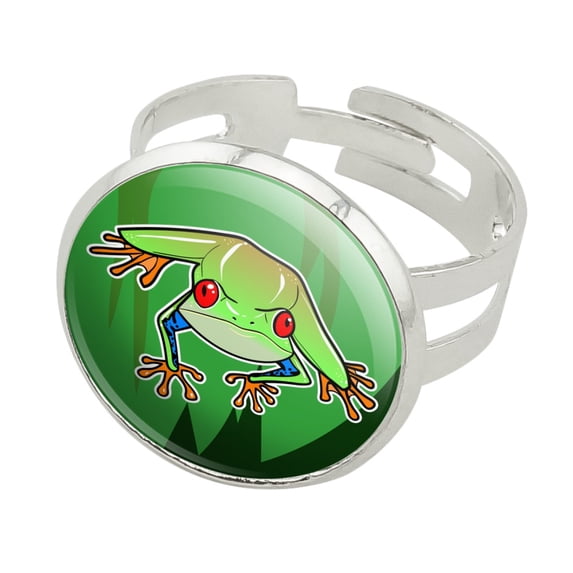 Tree Frog on Leaf Silver Plated Adjustable Novelty Ring