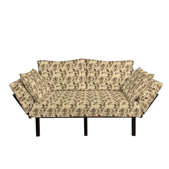 Tree Futon Couch, Tropical Palm Trees Hawaiian Exotic Abstract Foliage Old Paper Backdrop, Daybed with Metal Frame Upholstered Sofa for Living Dorm, Loveseat, Sand Brown Chocolate, by Ambesonne