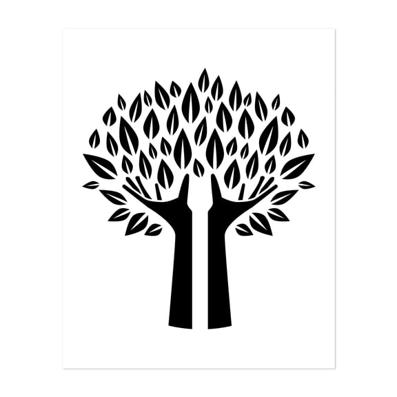 Tree With Hands Silhouette - Digital Art Abstract Nature Minimalist Line Art Botanical Black and White Geometric Unframed Wall Art Print 18 x 24 inches