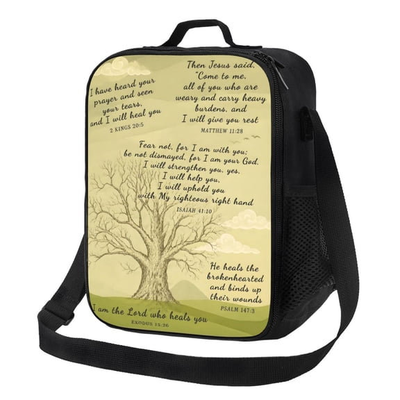 Tree Healing Scripture Bible Verse Lunch Bag Insulated Thermal Lunch Box with Shoulder Strap & Handle for Women and Men