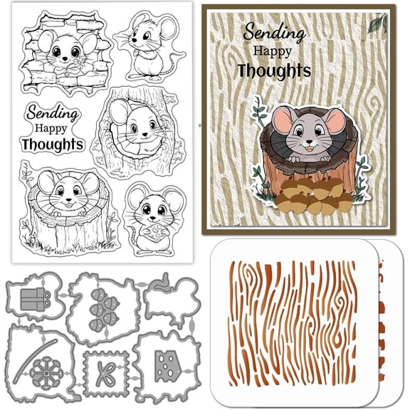 Tree Hole Mouse Clear Stamps Cutting Dies PET Painting Stencils for Card Making Peeking Animals Rats Silicone Stamp Metal Greetings Die Cuts PET Paint Stencils for DIY Scrapbooking diy