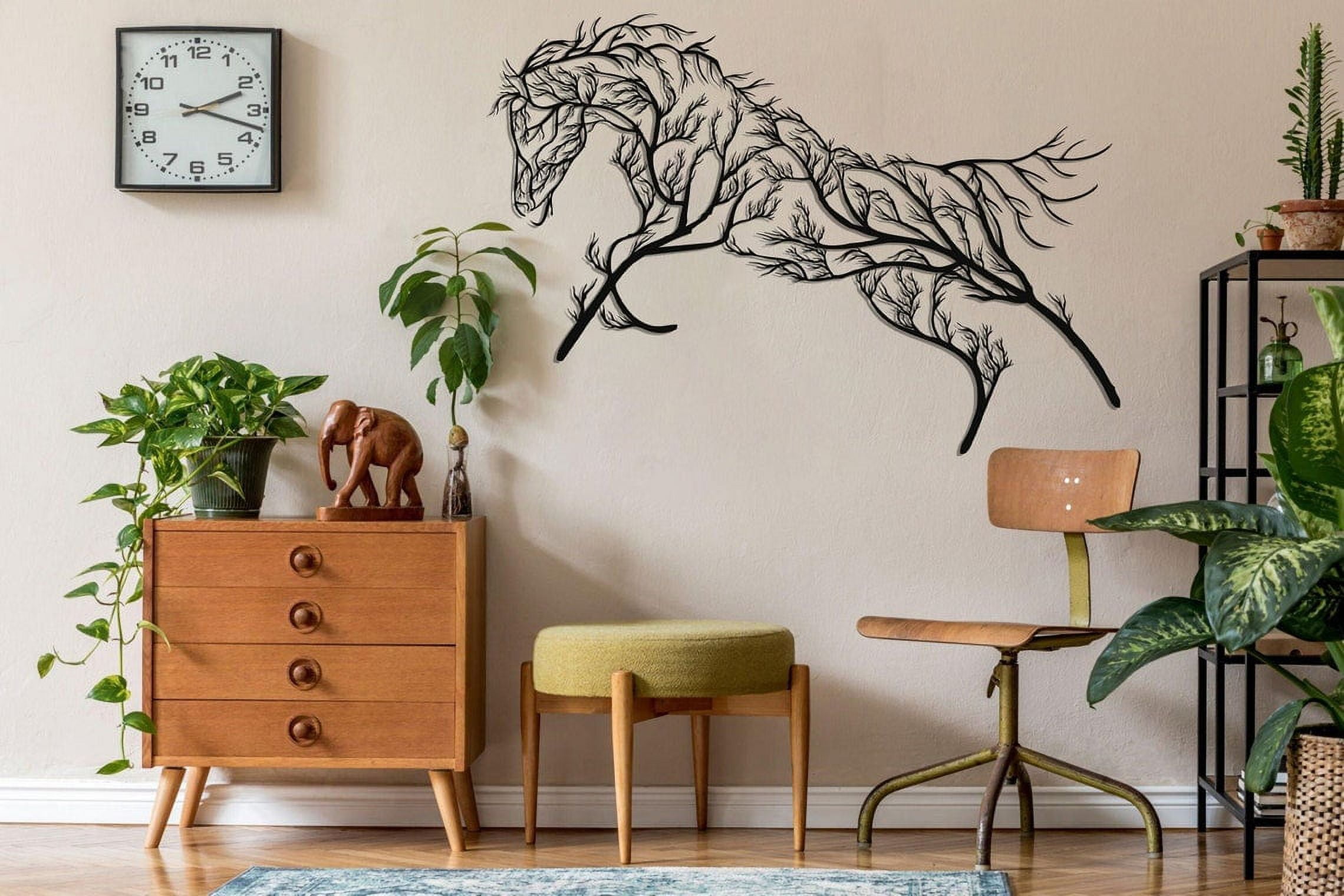 Black Metal Tree Horse Wall Sculpture with 3D Effect