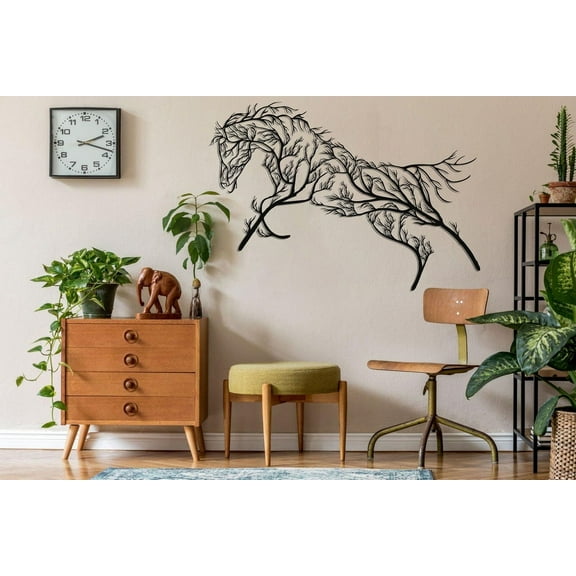 Tree Horse Metal Wall Decor for Home and Outside - Wall-Mounted Geometric Wall Art Decor - Drop Shadow 3D Effect Wall Decoration for Living Room Bedroom