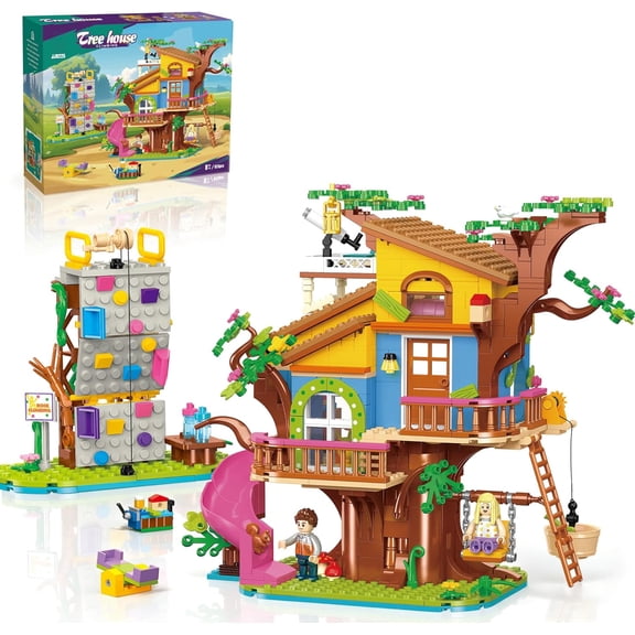 Tree House Building Set with Climbing Wall & Slide, 2 Minifigures & 2 Animals,Compatible with LEGO, Friends Adventure Treehouse Toy with Swing, Birthday Gift for Kids Aged 8+ & Adults (823pcs)
