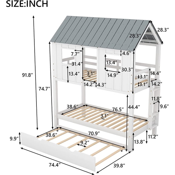 Tree House Bunk Bed Twin Over Twin with Trundle, Wood House Bunk Bed with Roof, Windows, Ladder and Guardrails, White+