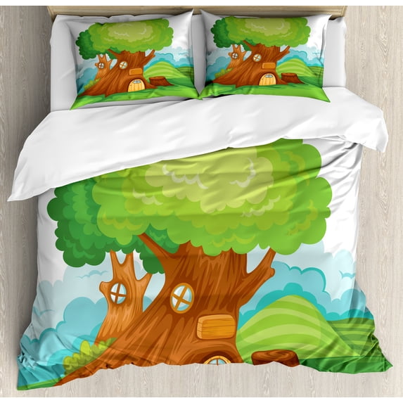 Tree House Duvet Cover Set, Cartoon Fantasy Home in a Majestic Tree Themed, Decorative 3 Piece Bedding Set with 2 Pillow Shams, Calking Size, Lime Green Multicolor, by Ambesonne
