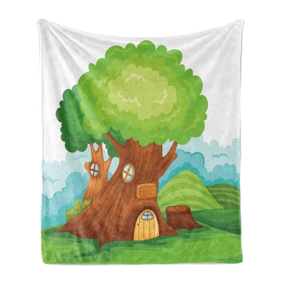 Tree House Soft Flannel Fleece Throw Blanket, Cartoon Fantasy Home in a Majestic Tree Nursery Fairytale Themed, Cozy Plush for Indoor and Outdoor Use, 50" x 60", Lime Green Multicolor, by Ambesonne