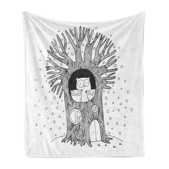 Tree House Soft Flannel Fleece Throw Blanket, Monochrome Doodle of Owl Family Home in Bare Branched Timbre Sketch, Cozy Plush for Indoor and Outdoor Use, 50" x 70", Black White, by Ambesonne