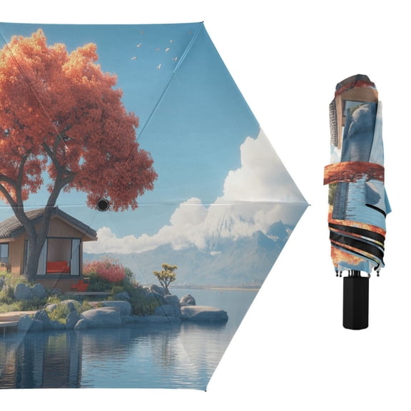 Tree House on Island Compact Sun Umbrella Windproof Travel Umbrellas for Rain Strong Portable UV Protection