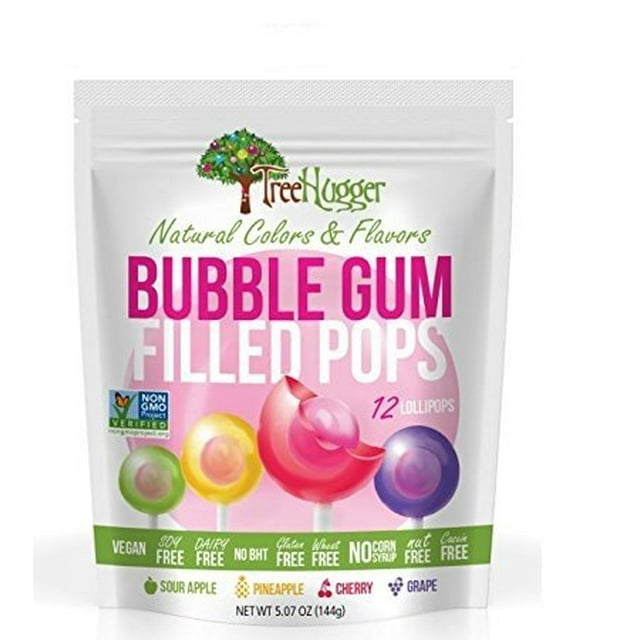 Tree Hugger Natural Flavor Bubble Gum Filled Lollipops Sour Apple