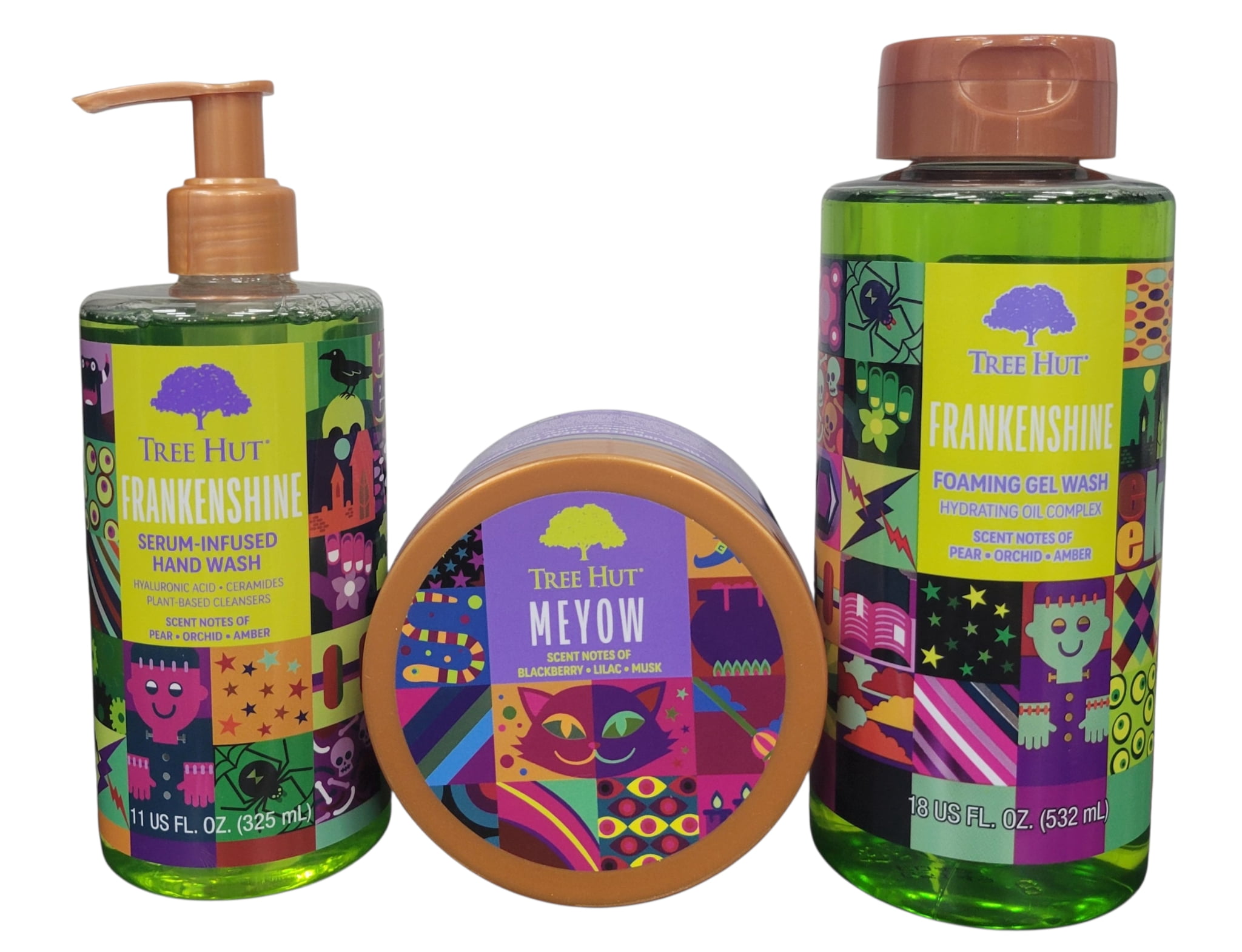 Tree Hut 3 Piece Set, Frankenshine Hand Wash (11 oz), and Foaming Gel Wash (18 oz) with Meyow Whipped Body Butter (8.4 oz)