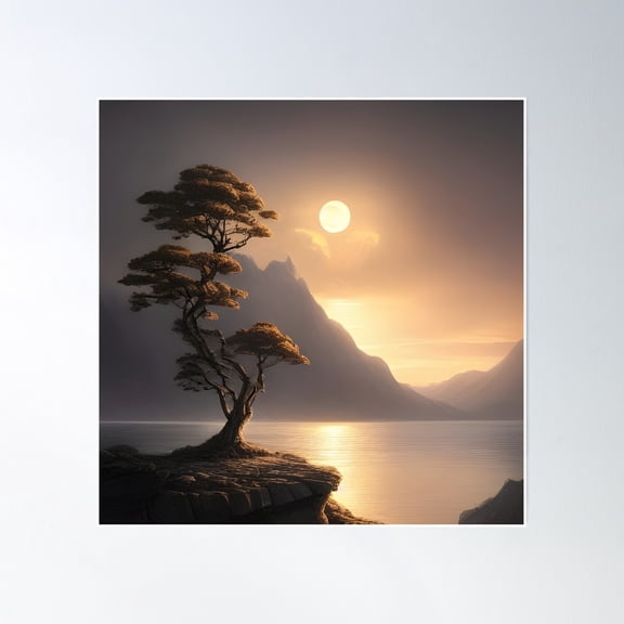 Tree In Lake Generated By Artificial Intelligence Poster Wall Art, Modern Wall Decor, 30x30 UNFRAMED