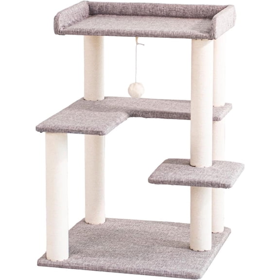 Tree for Indoor Large , 30'' Senior Friendly Modern Small Tower with Wide Perch, Low Step, Posts, Sturdy Base, Cozy Perches, Interactive Toys(Gray Linen)