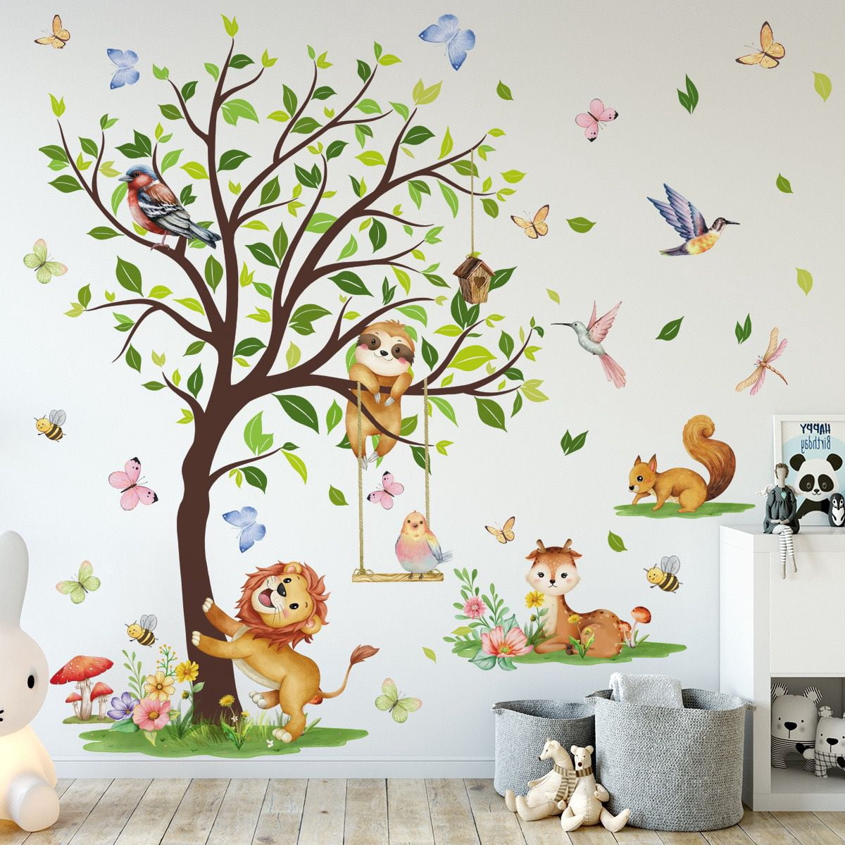 Tree Jungle Animal Wall Decals, Lion Squirrel Deer Wall Stickers Peel and Stick Wall Decal Self Adhesive Wall Art Sticker for Baby Nursery Kids Room Living Room Home Decor