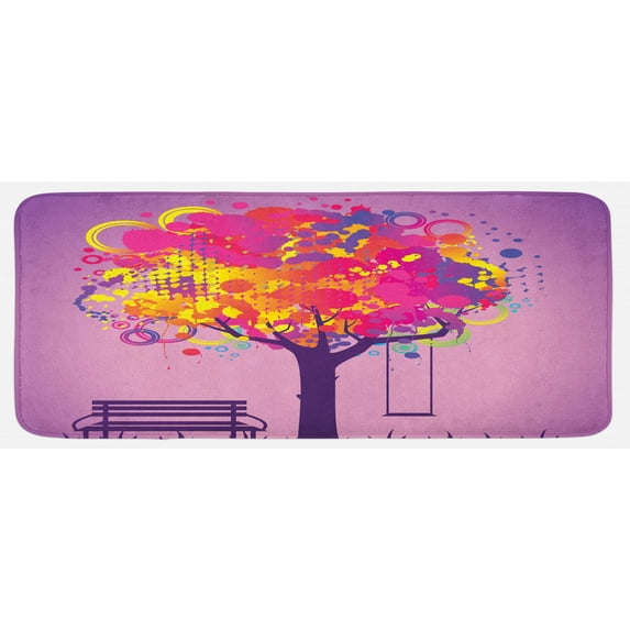 Tree Kitchen Mat, Retro Picture of Graffiti Colorful Tree with Circle Patterns Swing Graphic, Plush Decorative Kitchen Mat with Non Slip Backing, 47" X 19", Multicolor, by Ambesonne