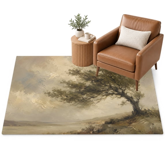 Tree Landscape Area Rug 2.7'x5', Country Vintage Coastal Grey Beige Sky ...