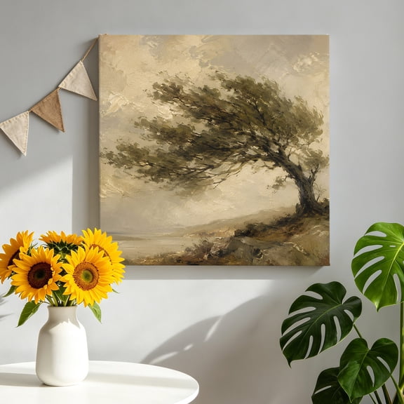 Tree Landscape Canvas Wall Art, Country Vintage Coastal Grey Beige Sky Green Leaf Framed Picture Canvas Wall Art Print Decor Artwork Decorations for Living Room Bedroom Ready to Hang 8" x 8"