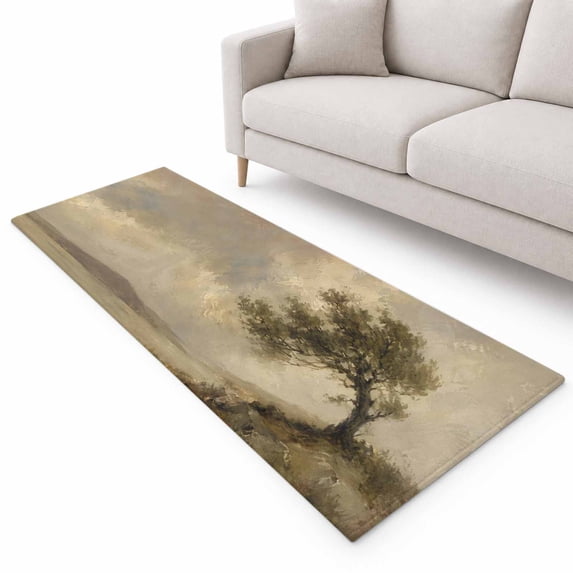 Tree Landscape Runner Rug 2.6'x10', Country Vintage Coastal Grey Beige ...