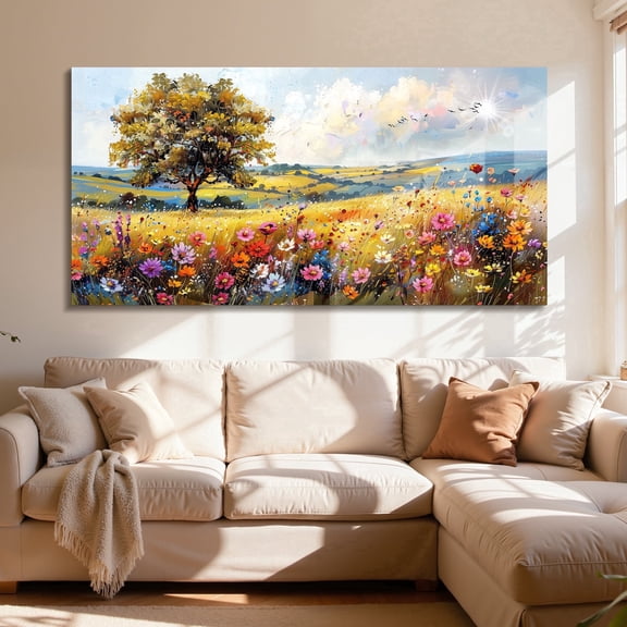 Tree Landscape Wall Art Print Country Wildflower Large Artwork Spring Colorful Scenery Painting for Living Room Bedroom Modern Rustic Farmhouse Decor - 20"x40"